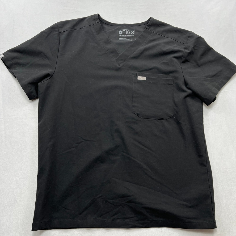 Figs Scrub Top Leon Technical Collection V-Neck Chest Pocket Black Mens Large